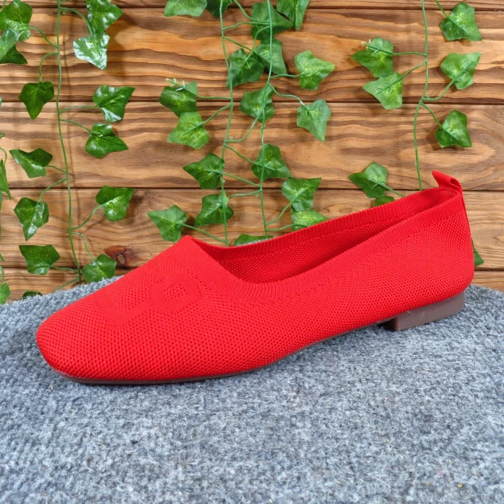 Fashion Knit Women Ballet‎ Flat 41 Casual Comfort Slip On Red Square Toe Mesh